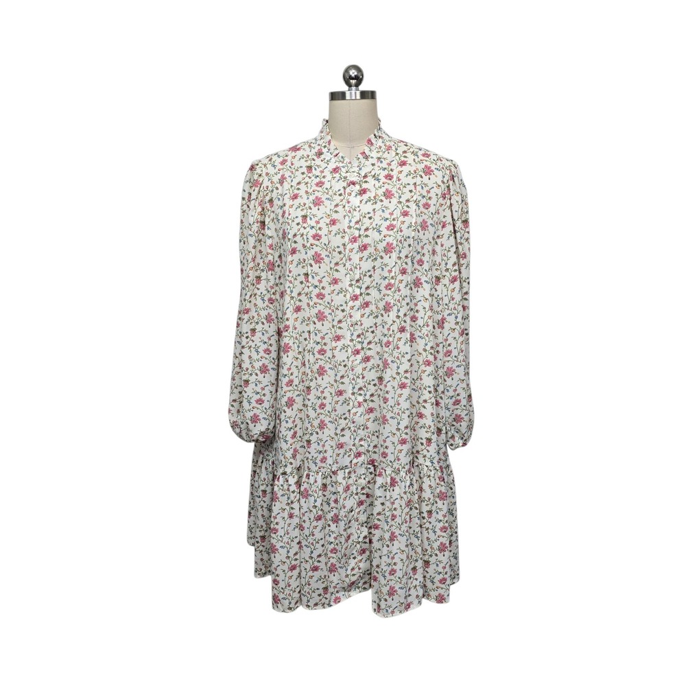 UNTUCKit For Her Floral Mini Dress XL Cream Pink Ruffle Neck Pintuck Long Sleeve